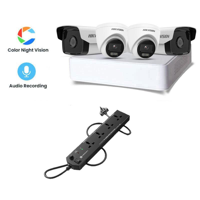 Picture of Hikvision 4 CCTV Cameras Combo (2 Indoor & 2 Outdoor CCTV Cameras) (Colour's View with mic) 👨🏻‍🔧With CCTV Installation + 4CH DVR + HDD + Accessories + Power Supply + 90m Cable +  Power Strip